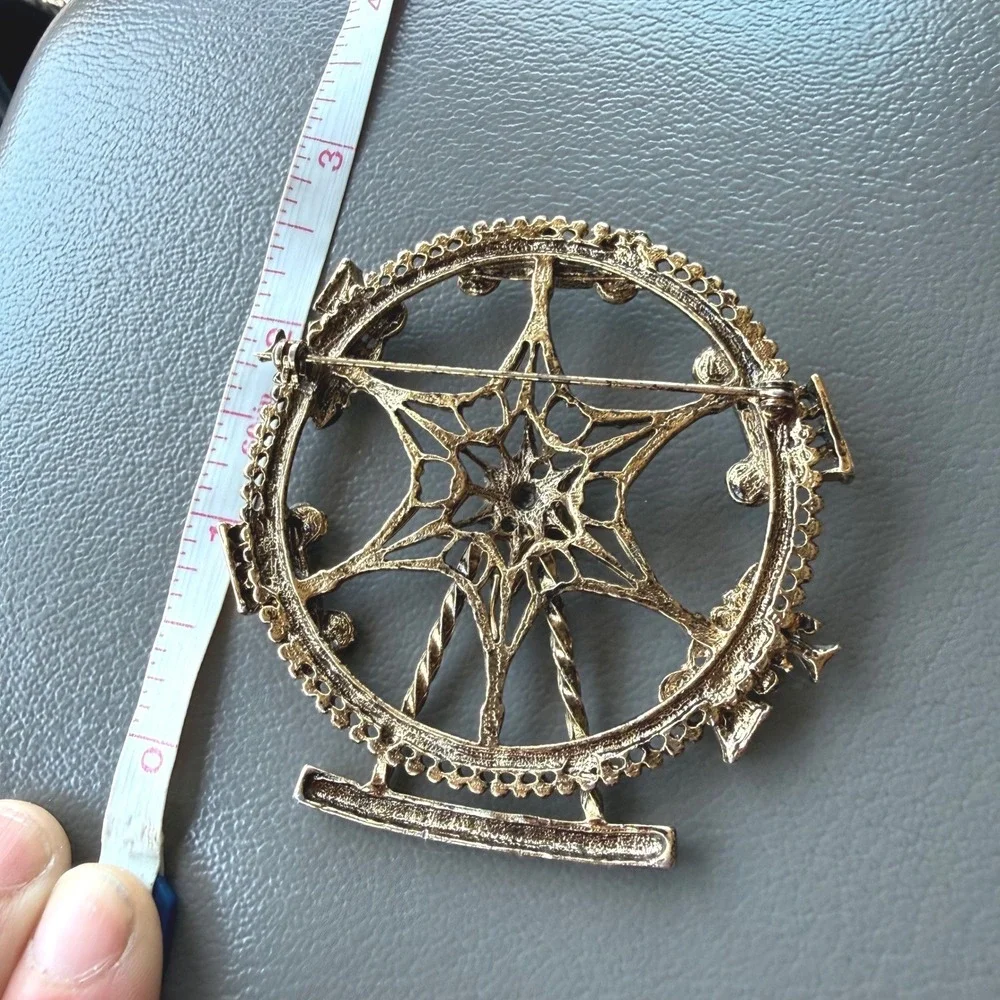 Vintage Gold Tone Ferris Wheel Brooch Carnival Amusement Park Starburst Pin 2.5